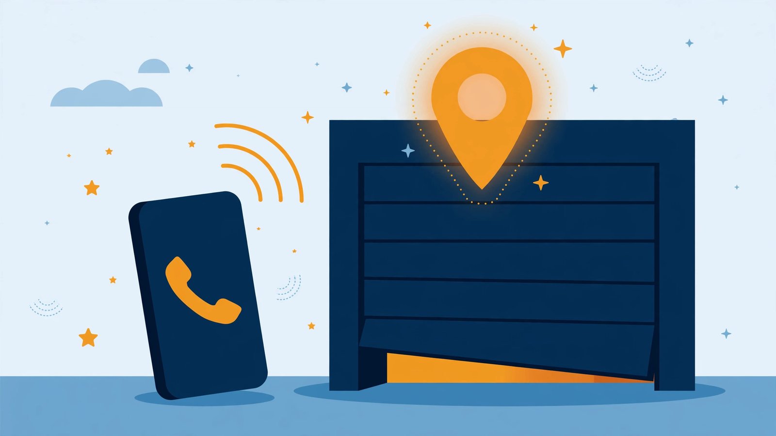 Illustration of a garage door with a map pin and ringing phone — SEO for garage door companies to win more repair calls from Google