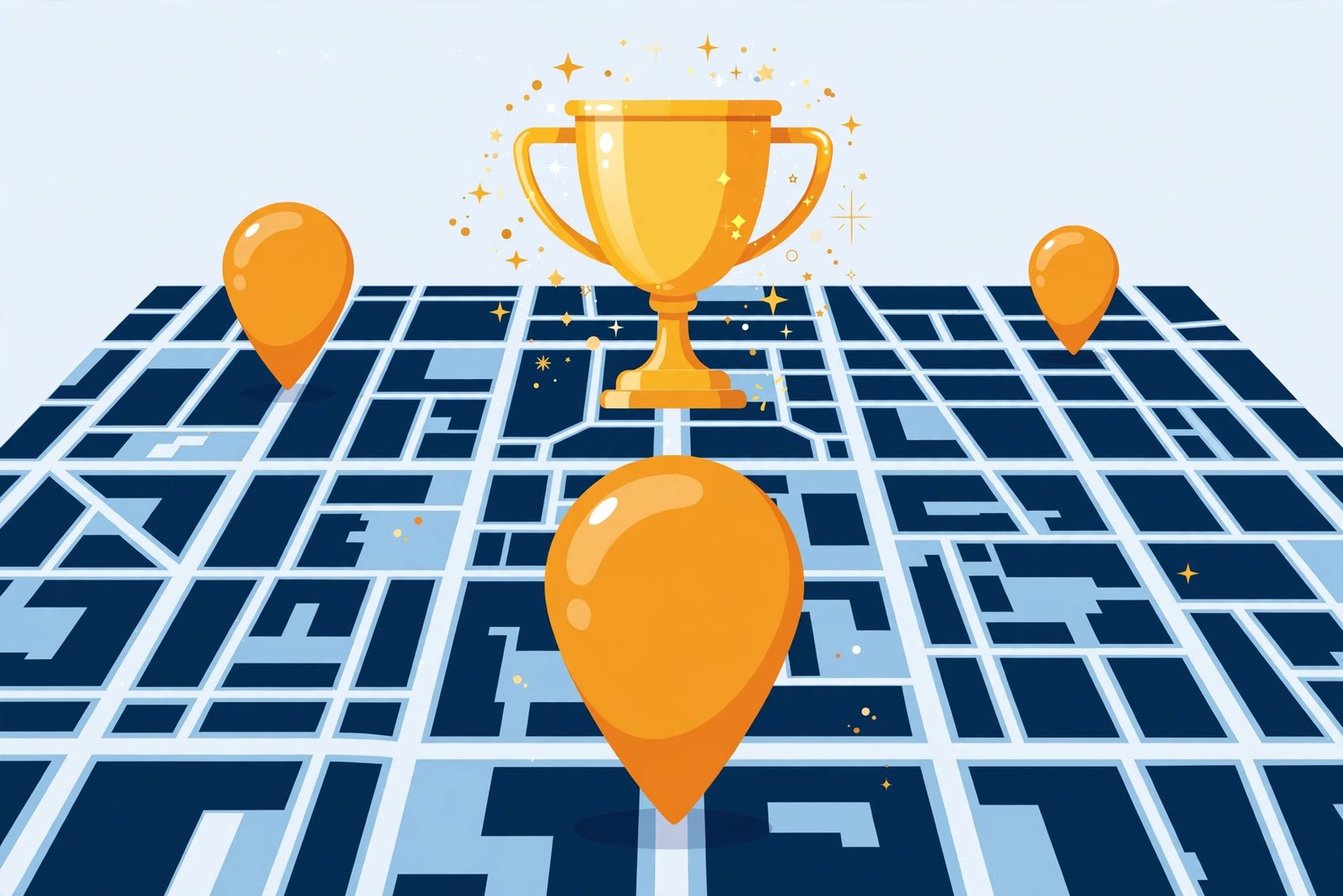 Illustration of a map with top-3 ranking pins and a trophy — how to rank higher on Google Maps in 2026