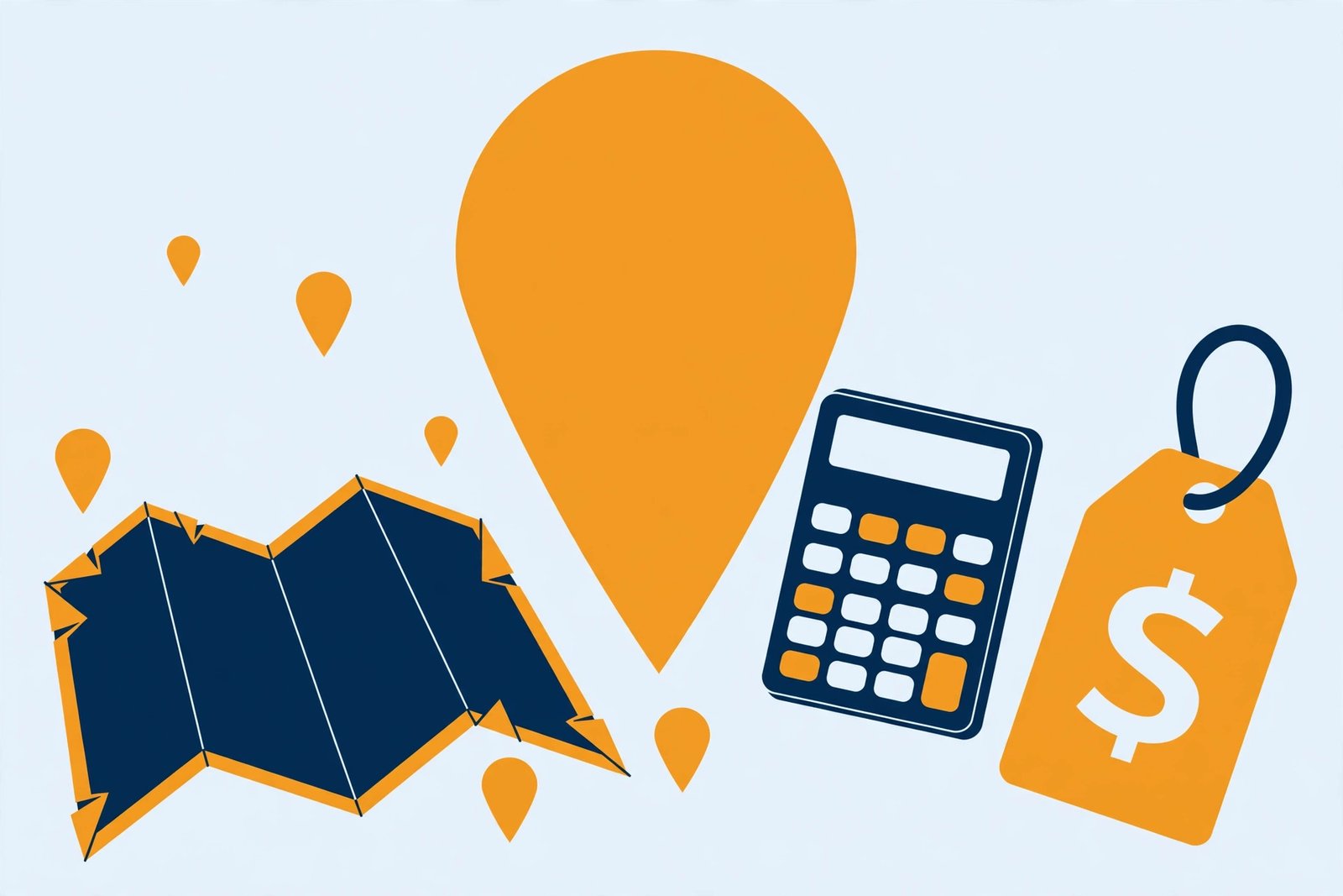 Illustration of a price tag, calculator and map pin — how much local SEO costs for small businesses in 2026