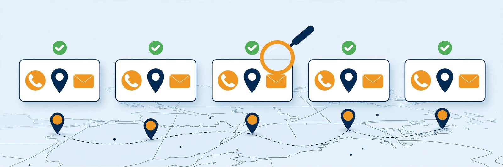 Illustration of matching business cards across directories with checkmarks — NAP consistency in local SEO