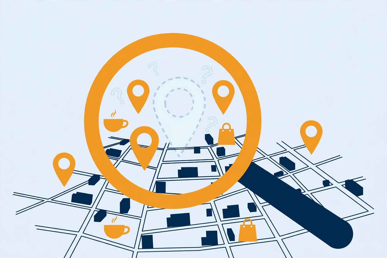 Illustration of a magnifying glass over a map with a missing pin &mdash; why a business doesn't show up on Google or Google Maps