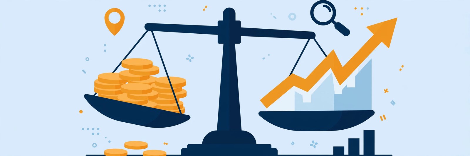 Illustration of a balance scale weighing coins against a rising chart — is local SEO worth it for small business