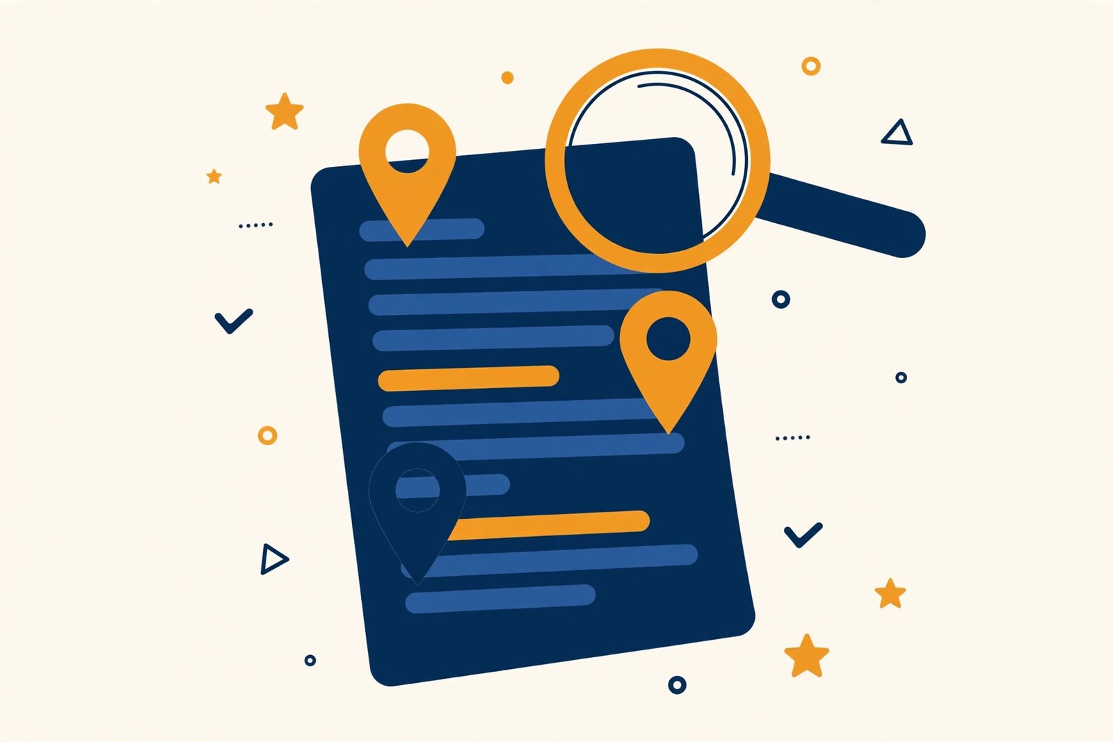 Illustration of a local SEO service page being built: keyword map, headings, map pins and a rising rankings graph