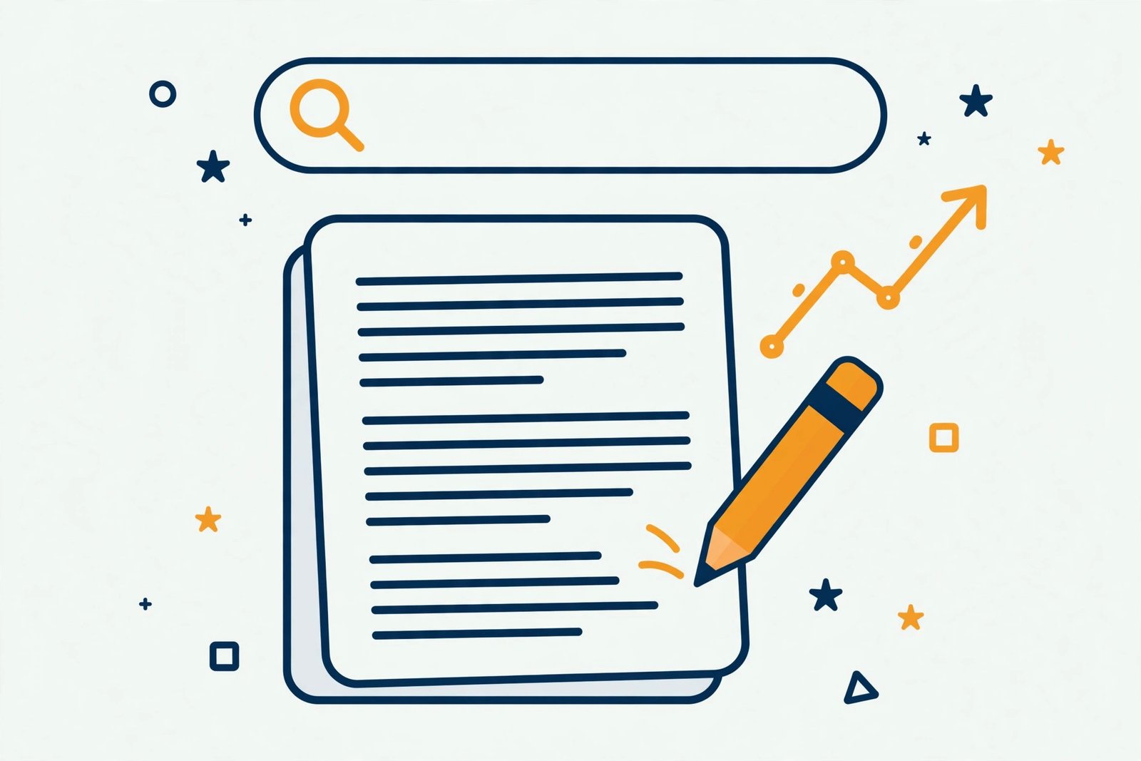 Illustration of an SEO blog article being written: keyword research, search intent matching, and a rankings graph climbing