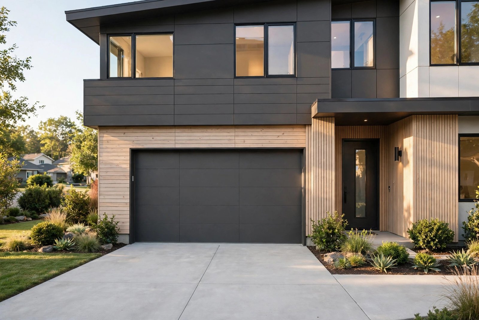 A modern suburban home with a closed panel garage door