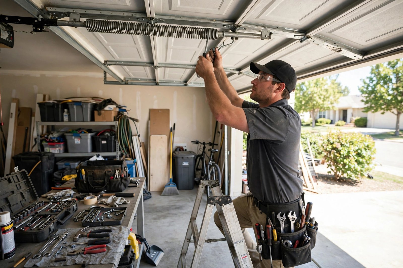 Garage door technician repairing a torsion spring inside a residential garage